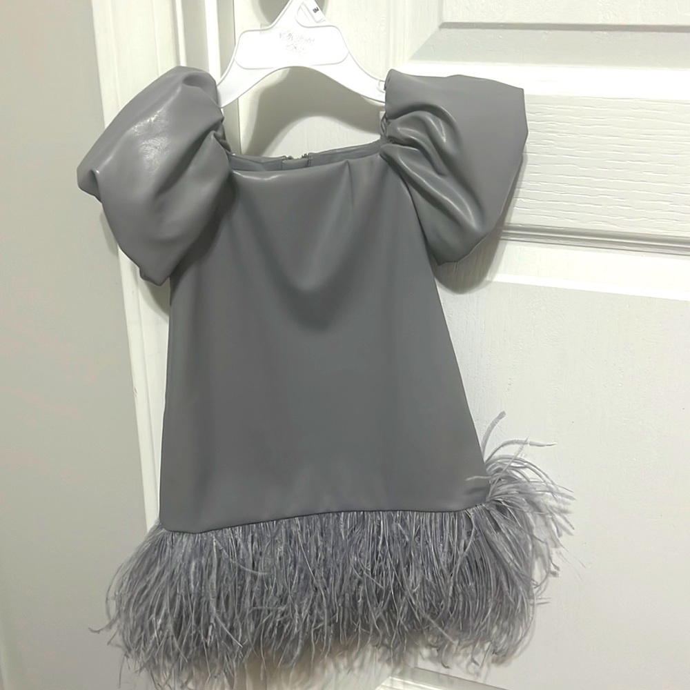 Gray Vegan Leather Puff Sleeve Dress w Feathers